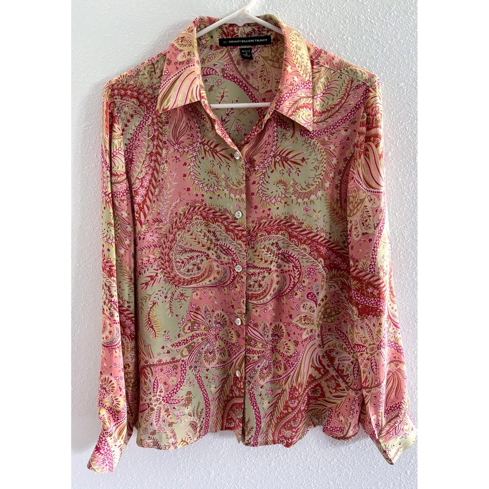 Vintage Ellen Tracy Silk Blouse Womens 12P Pink‎ Paisley Luxury Career 90s